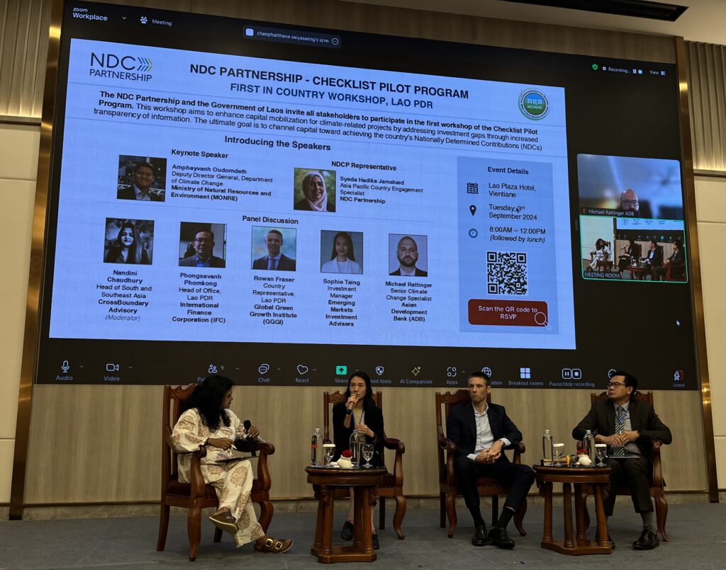 NDC Partnership panel: Nandini Chaudhury (CrossBoundary Advisory), Sophie Taing (Emerging Markets Investment Advisors), Rowan Fraser (GGGI Lao PDR) and Phongsavanh Phomkong (International Finance Corporation, Lao PDR)