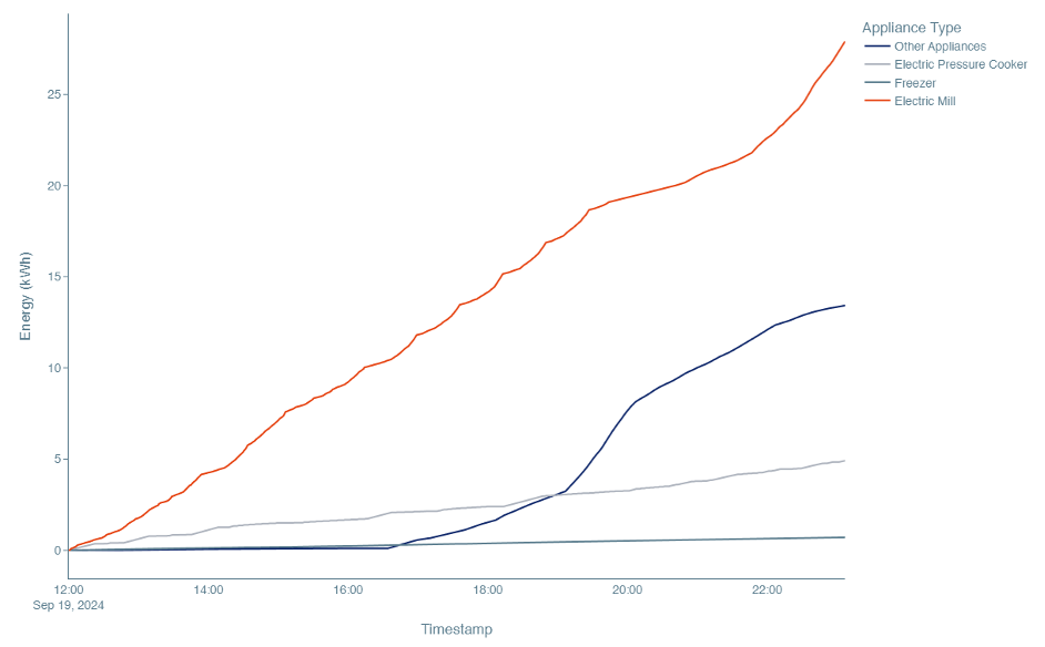 Time series of energy consumption disaggregated for electric pressure cooker, freezer, electric mill and other appliances